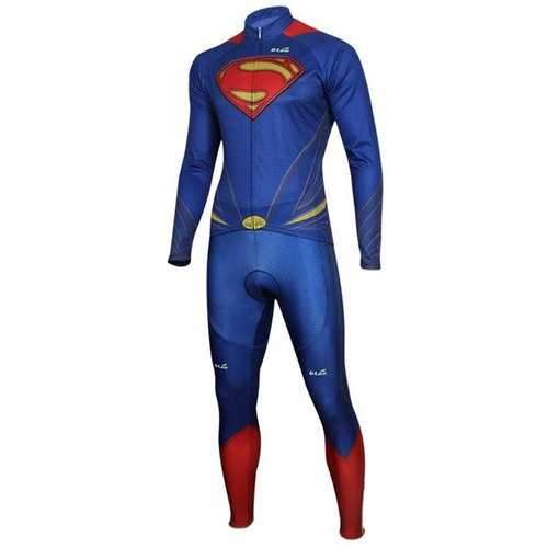 Close-Fitting Stand Collar Superman Costume Long Sleeve Men's Cycling Suit (Jacket+Pants) - Blue M