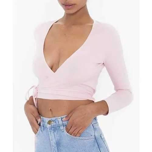 Trendy Plunging Collar 3/4 Sleeve Solid Color Women's Crop Top - Pink M