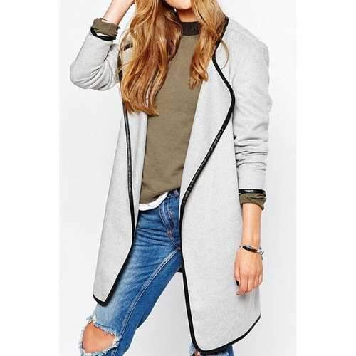 Stylish Turn Down Neck Long Sleeve Color Block Women's Coat - White L