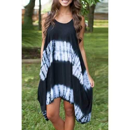 Stylish Round Neck Sleeveless Tie-Dyed Women's Flare Dress - Black And White Xl