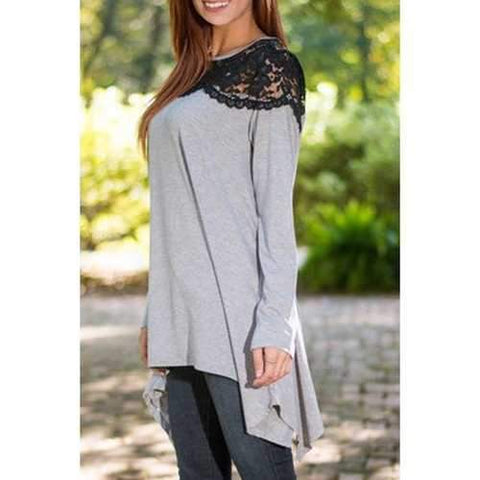 Stylish Scoop Neck Long Sleeve Black Lace Splicing Women's T-Shirt - Gray M