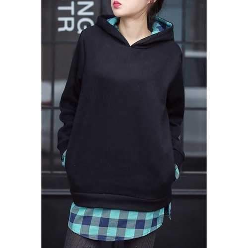 Stylish Hooded Long Sleeve Plaid Spliced Women's Pullover Hoodie - Blue 3xl