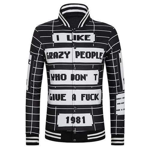 Stand Collar Stripe Long Sleeve Pixel Letter Print Rib Splicing Men's Jacket - Black 2xl