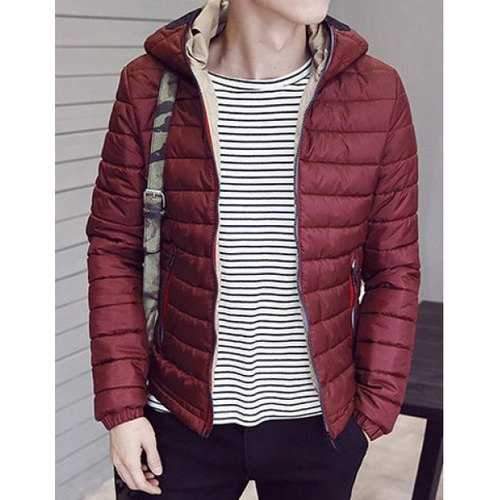 Personality Glasses Design Hooded Striped Braid Spliced Multi-Zipper Long Sleeves Men's Slim Fit Coat - Wine Red M