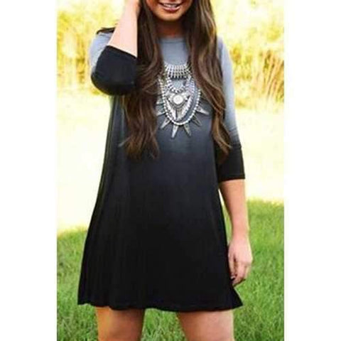 Stylish Round Neck 3/4 Sleeve Ombre Color A-Line Women's Dress - Black S