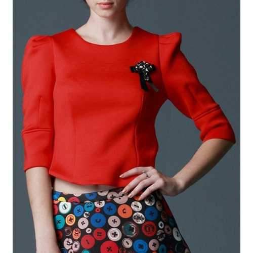 Chic Round Neck 3/4 Puff Sleeve Bowknot Design Women's Crop Top - Red Xl