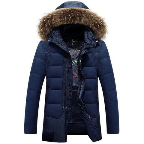 Double Zipper Fabric Spliced Rib Cuffs Slimming Detachable Hooded Long Sleeves Men's Down Coat - Cadetblue Xl