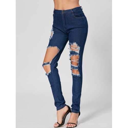 Fashionable High Waist Broken Hole Design Bodycon Ripped Jeans For Women - Deep Blue Xl