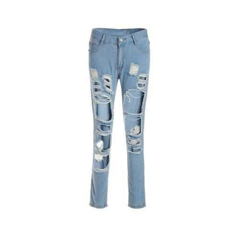 Sexy High Waist Broken Hole Design Solid Color Frayed Ankle Jeans For Women - Blue Xl