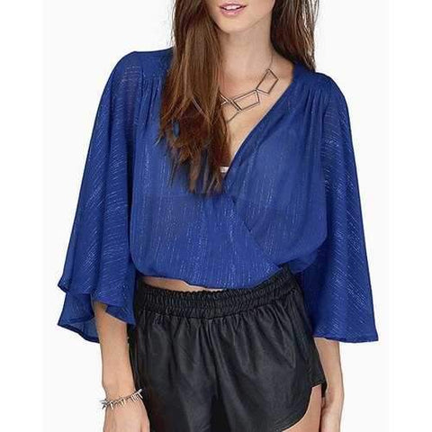 Stylish V-Neck Bell Sleeve See-Through Crop Top For Women - Blue Xl