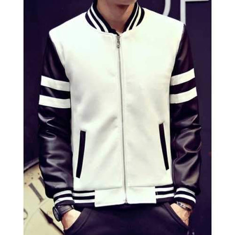 Stripe Rib Stand Collar PU-Leather Spliced Long Sleeve Thicken Men's Baseball Jacket - White L