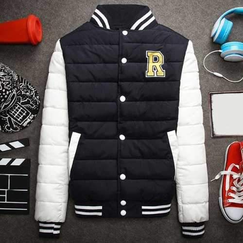 Stripe Rib Stand Collar Letter Print Long Sleeve Cotton-Padded Men's Baseball Jacket - Black L