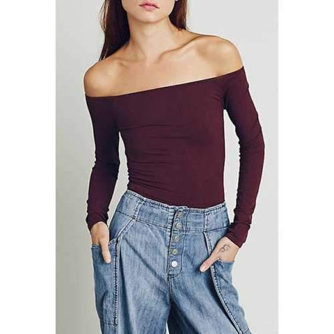 Stylish Off The Shoulder Long Sleeves Sexy Bodycon Solid Color Women's T-Shirt - Wine Red M