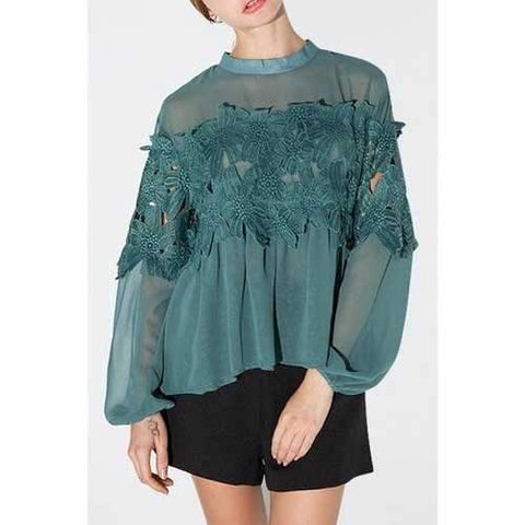 Sweet Jewel Neck Long Sleeve Lace Patchwork Green Women's Chiffon Blouse - Green Xs