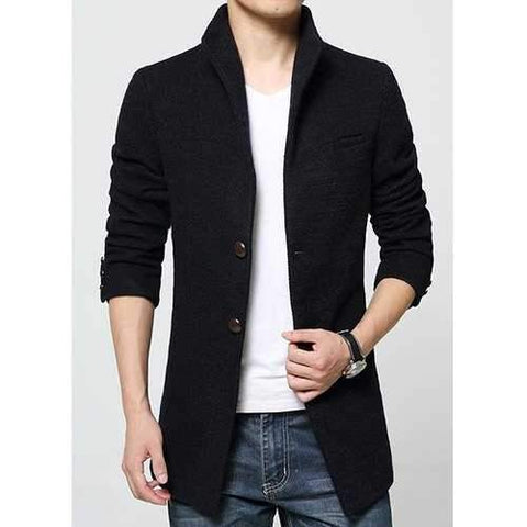 Solid Color Multi-Button Back Slit Slimming Stand Collar Long Sleeves Men's Woolen Blend Coat - Deep Blue 4xl