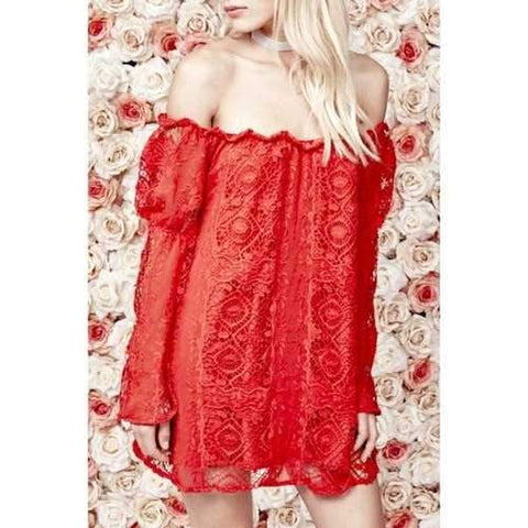 Alluring Off-The-Shoulder Long Sleeve Crochet Flower Red Women's Lace Dress - Red S