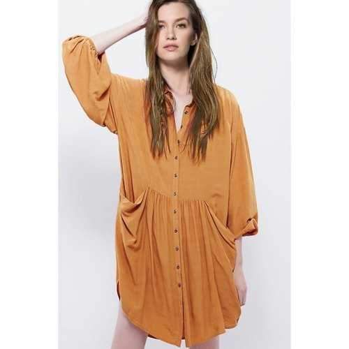 Stylish Turn Down Collar 3/4 Sleeve Solid Color Women's Dress - Yellow Ocher S