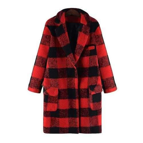 Stylish Turn-Down Collar Long Sleeves Checked Women's Woolen Coat - Red 5xl