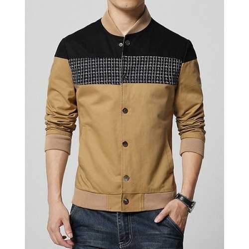 Stand Collar Color Block Splicing Plaid Print Rib Hem Long Sleeve Men's Jacket - Khaki L