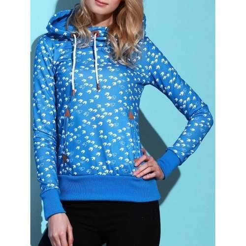 Cute Hooded Long Sleeve Birds Print Drawstring Women's Hoodie - Blue S