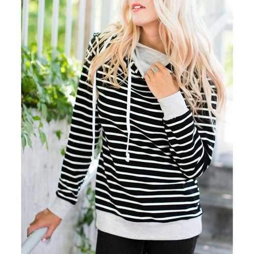 Women's Chic Long Sleeve Hooded Striped Hoodie - Black Xl