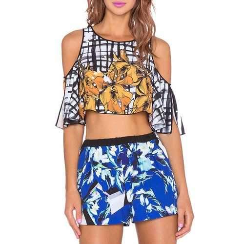 Stylish Jewel Neck Half Sleeve Crop Top + High-Waisted Printed Shorts Women's Twinset - Blue S