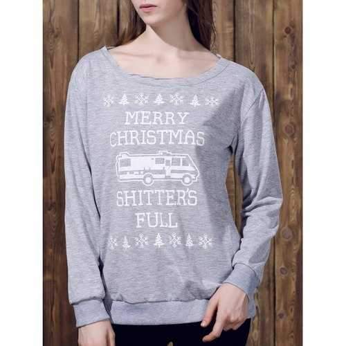 Fashionable Skew Neck Long Sleeve Letter Pattern Christmas Sweatshirt For Women - Gray S