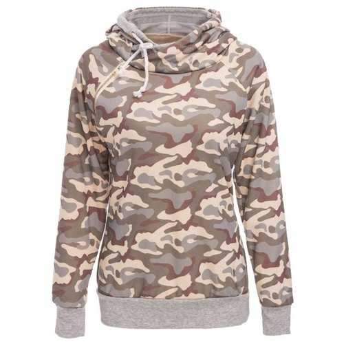 Stylish Hooded Long Sleeve Camo Print Women's Pullover Hoodie - Gray S