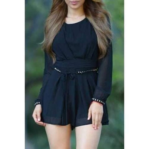 Chic Scoop Neck Long Sleeve Pure Color Chiffon Women's Romper - Black L