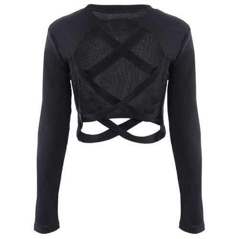 Chic Women's Long Sleeve Round Neck Pure Color Crop Top - Black L