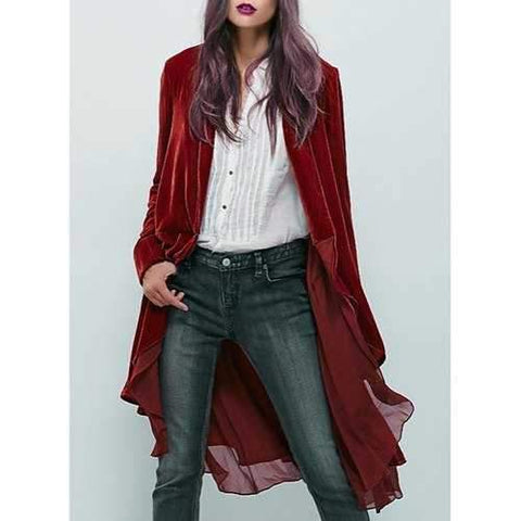 Stylish Collarless Long Sleeve Chiffon Spliced Asymmetrical Solid Color Women's Coat - Wine Red Xl