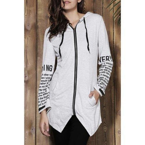 Chic Hooded Long Sleeve Letter Print Asymmetrical Women's Hoodie - Gray Xl