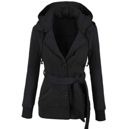 Stylish Hooded Long Sleeve Solid Color Belted Single-Breasted Women's Hoodie - Black L