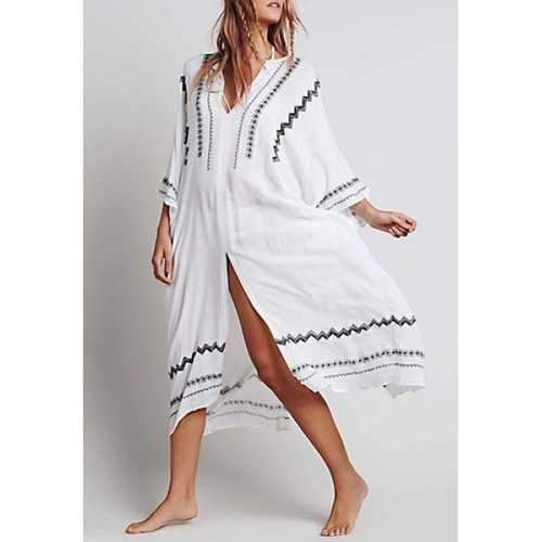 Ethnic Plunging Neck 3/4 Sleeve High Slit Loose-Fitting Women's Dress - Milk White S