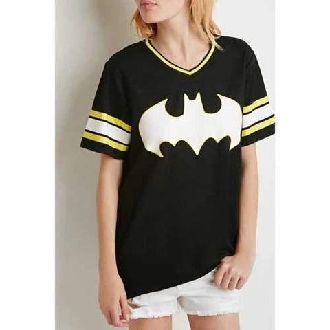 Casual V Neck Short Sleeve Bat Print Women's T-Shirt - Black S