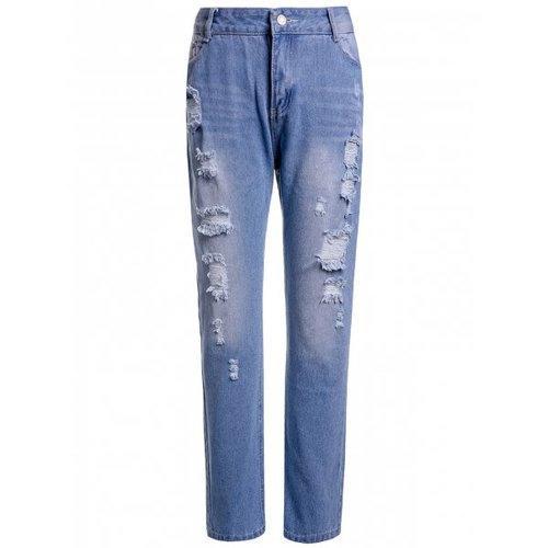 Casual High-Waisted Ripped Frayed Women's Ninth Jeans - Blue L