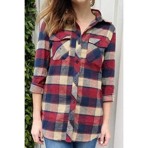 Fashioanble Shirt Collar Plaid Long Sleeve Shirt For Women - Dark Red L