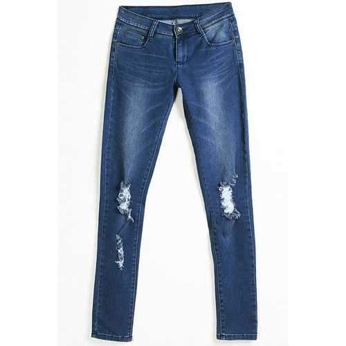 Casual Mid-Waist Broken Hole Ripped Bodycon Pencil Jeans For Women - Deep Blue L