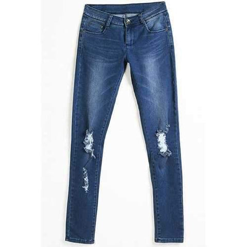 Casual Mid-Waist Broken Hole Ripped Bodycon Pencil Jeans For Women - Deep Blue L