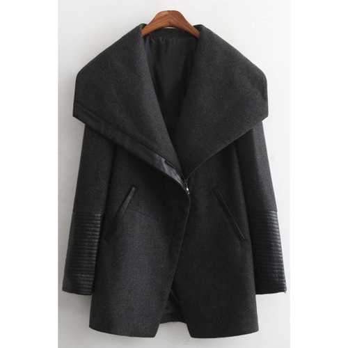 Stylish Large Lapel Long Sleeve PU Spliced Women's Thick Coat - Black L