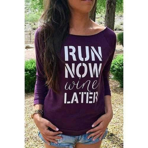 Sweet Bateau Neck Long Sleeve Letter Print Women's T-Shirt - Purple S