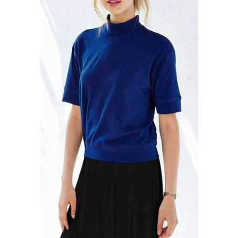 Stylish Half-Collar Short Sleeve Blue Women's T-Shirt - Blue M