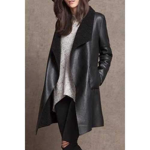 Fashionable Turn-Down Collar Long Sleeves PU Leather Woolen Liner Women's Coat - Black L