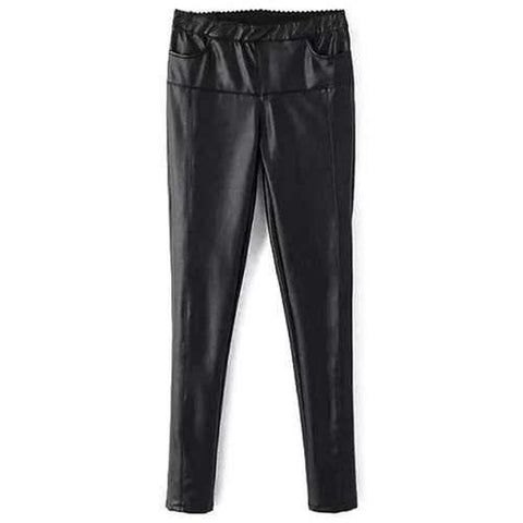 Stylish Elastic Waist Black Faux Leather Women's Pants - Black L