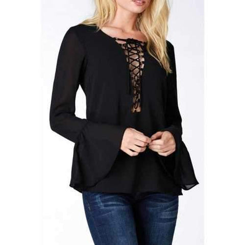 Trendy Deep V Neck Long Bell Sleeve Solid Color Women's Chiffon Blouse - Black Xl