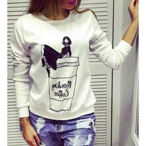 Casual Round Neck Long Sleeve Cartoon Print Loose Women's Sweatshirt - White S