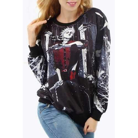 Trendy Round Collar Long Sleeve Anime Print Women's Sweatshirt - Black M