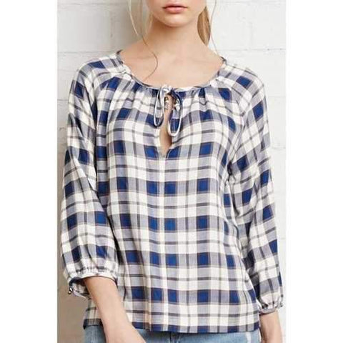 Sweet Round Neck 3/4 Sleeve Plaid Keyhole Design Women's Blouse - Blue S