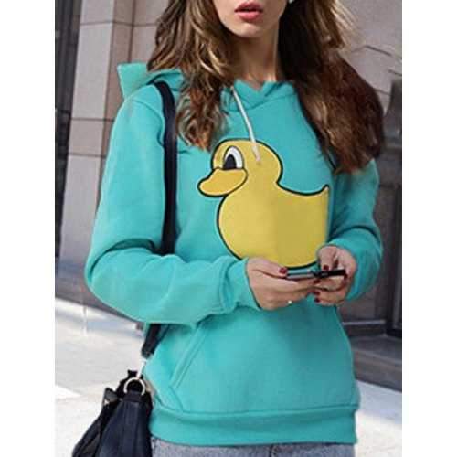 Cute Hooded Duck Print Long Sleeve Hoodie For Women - Green M