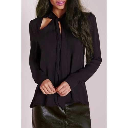 Stylish Bowknot Collar Hollow Out Long Sleeve Solid Color Blouse For Women - Black M